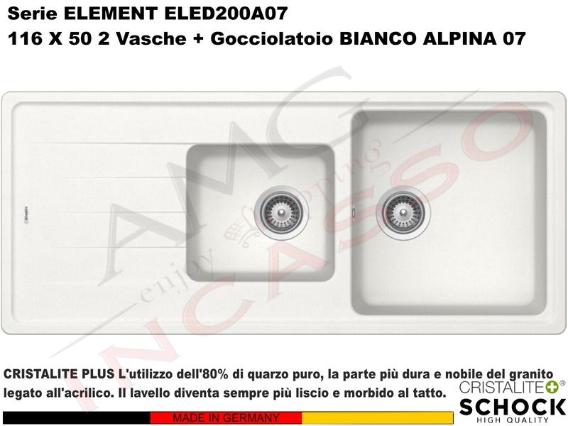 Lavello Element ELED200A07 116X50 2 Vasche + Gocciolatoio Cristalite® A07 BIANCO ALPINA