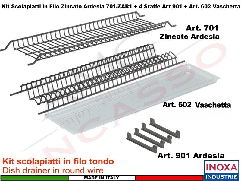 Kit Scolapiatti Filo Zincato Ardesia Pensile 60 701/60ZAR + 4 Staffe + Vaschetta Trasparente