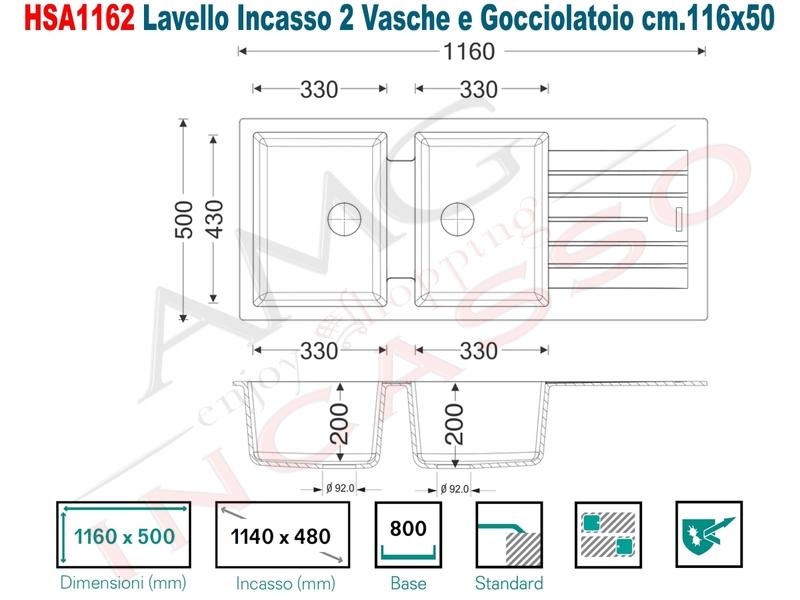 Dimensioni Lavello Cucina Due Vasche.Lavello Cucina Contemporary 2 Vasche Cm 116x50 Fragranite Alluminio Amg Incasso Elettrodomestici Da Incasso
