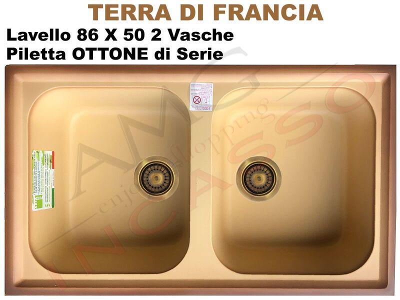 Lavello Cucina Futura 2 Vasche cm. 86X50 Duralast Terra di Francia Pilette Ottone