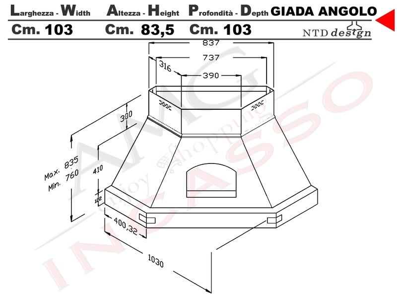 Cappa Angolo Giada 103X103 Con Trave Legno Massello Frassino Verniciato