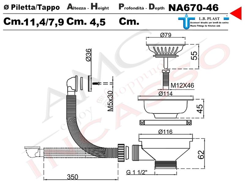 Sifone 2 via a fiasca L.B.PLAST 250-ALS con attacco lavastoviglie e uscita  a muro per lavabo lavello cucina incasso - ingresso 1 tubo scarico diam. 40