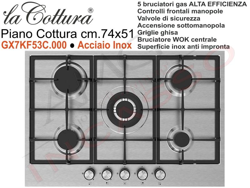 Piano Cottura Slim Line Alta Efficienza cm. 75 Acciaio Inox 5 Fuochi Gas  Griglie in Ghisa