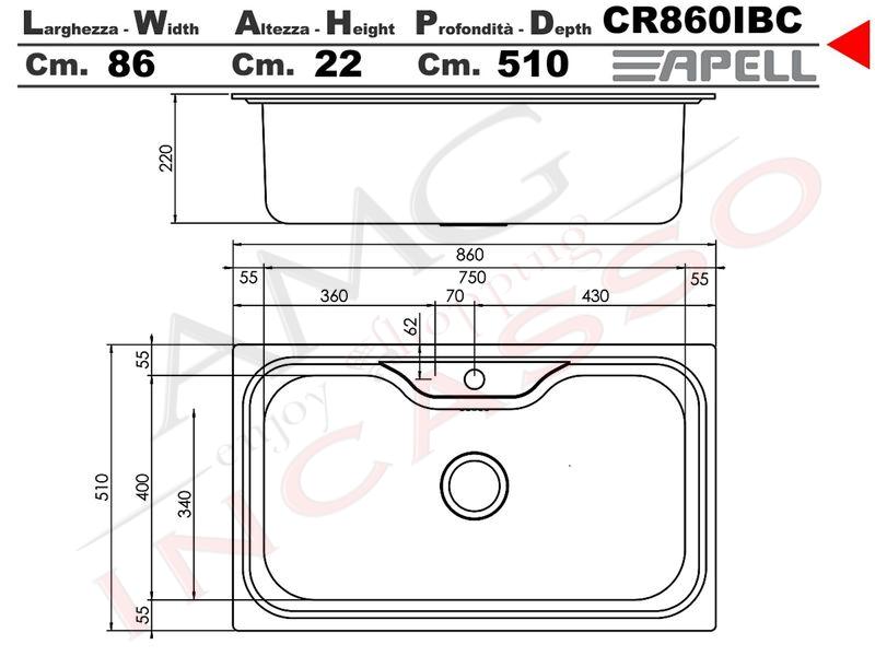 Lavello in inox con 1 vasca sxsc. 86x50 inc.