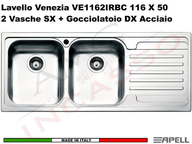 Lavello Cucina Venezia 2 Vasche Sinistre cm.116x50 Acciaio Inox