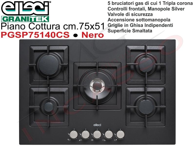Piano Cottura Cucina Plano 5 Fuochi Gas cm.75 Nero Griglie in Ghisa