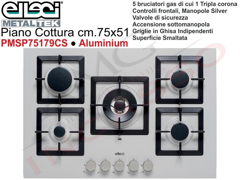 Piano Cottura Cucina Plano 5 Fuochi Gas cm.75 Aluminium Griglie in Ghisa