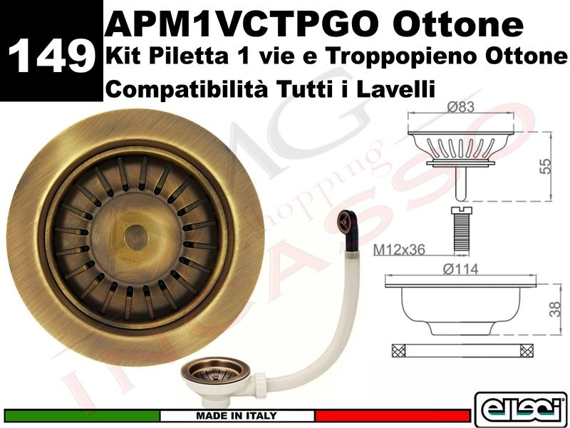 Accessorio 149 APM1VCTPGO Piletta e Troppopieno 1 Via da Ø 3,5" Ottone Antico