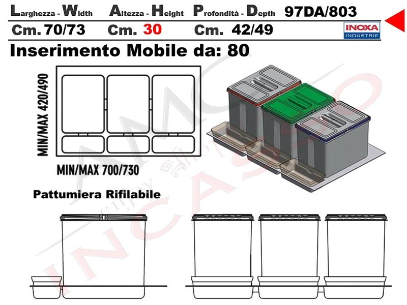 Set 2 Pattumiera Incasso Inoxa 97DA/6012 H 30 Raccolta Differenziata  Rifiuti X Base 60