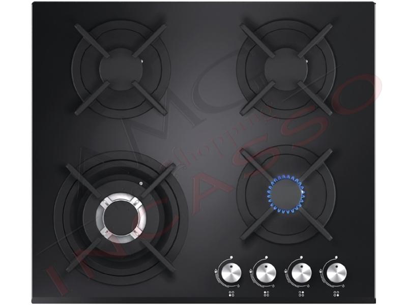 Piano Cottura Pure Line Alta Efficienza cm. 60 Vetro Nero 4 Fuochi Gas Griglie in Ghisa