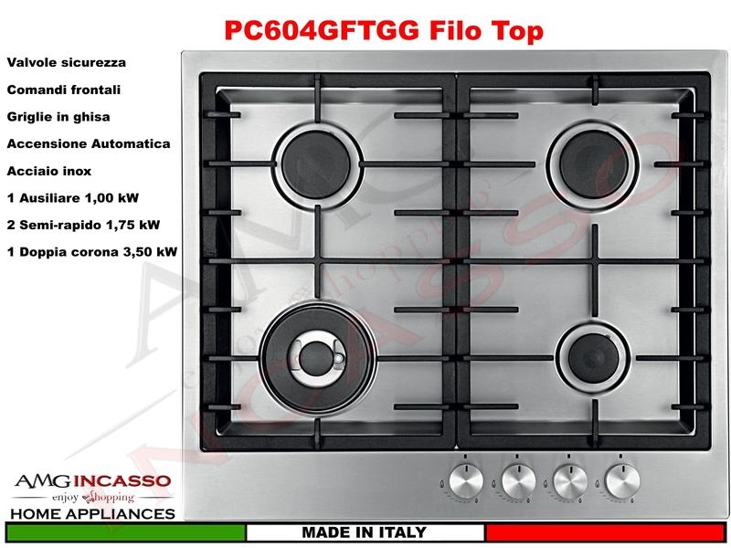 Piano Cottura AMG Home PC604GFTGGX Filo Top  cm.60 4 Fuochi Griglie Ghisa Acciaio