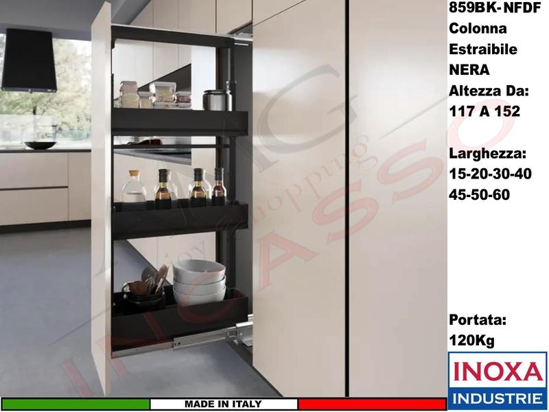 Colonna Dispensa Largh.15 859BK/15 H.da 117 a 152 Nero e 3 Cesti Neri