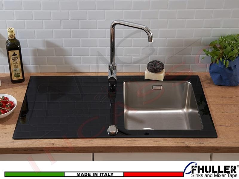 Lavello in Vetro Nero Vasca Inox Saldata Fhuller 86 X 50 1 Vasca DX e Gocc. SX