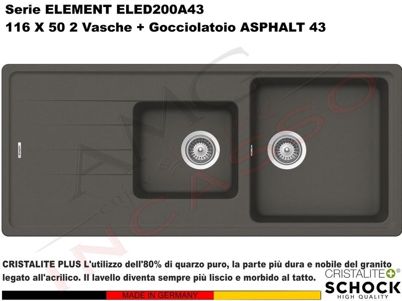 Lavello Element ELED200A43 116X50 2 Vasche + Gocciolatoio Cristalite® A43 ASPHALT