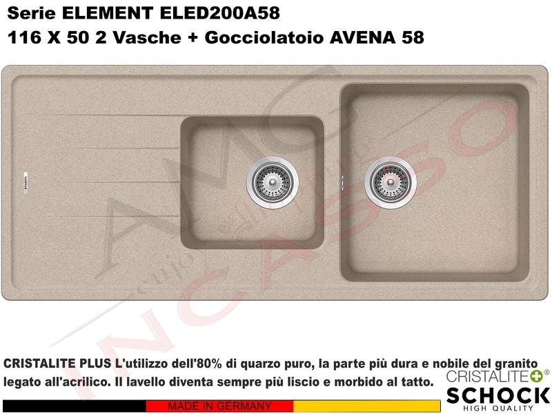 Lavello Element ELED200A58 116X50 2 Vasche + Gocciolatoio Cristalite® A58 AVENA
