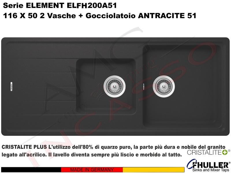 Lavello Element ELFH200A51 116X50 2 Vasche + Gocciolatoio Cristalite® A51 ANTRACITE