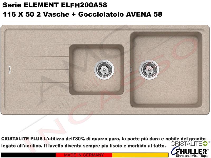 Lavello Element ELFH200A58 116X50 2 Vasche + Gocciolatoio Cristalite® A58 AVENA