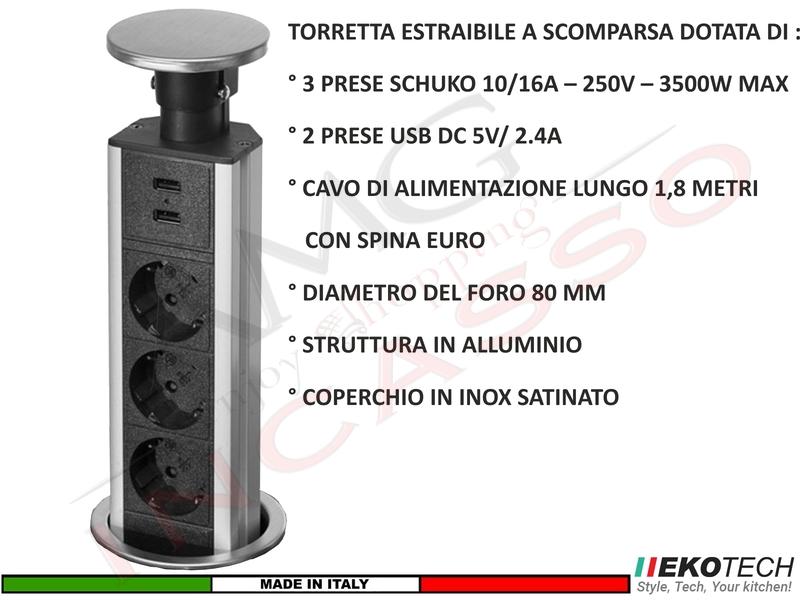 Torretta Multipresa Estraibile a Scomparsa Incasso con 3 Prese e 2 USB Grigia