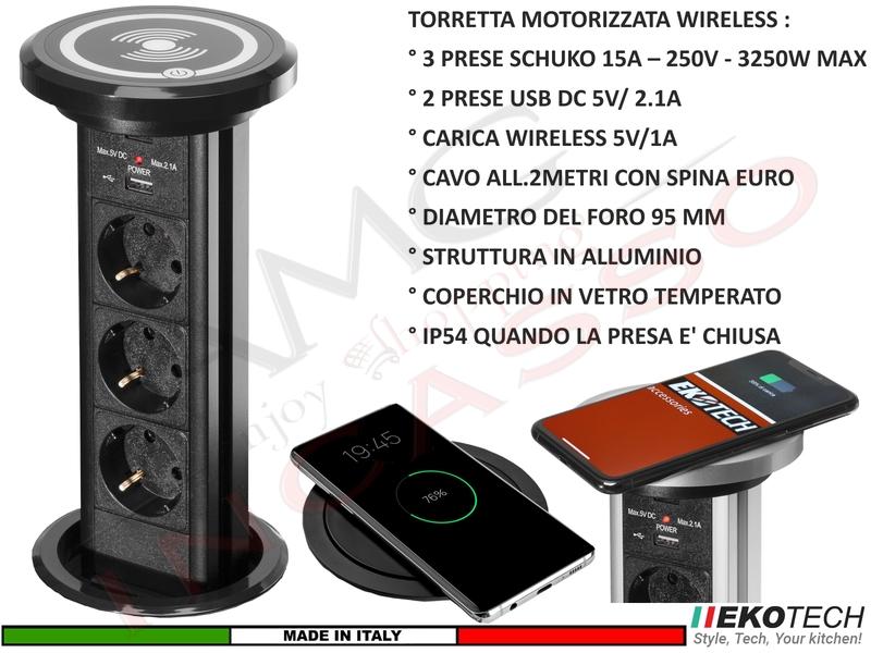 Torretta Multipresa Estraibile Motorizzata 3 Prese 2 USB Ricarica Wireless  Nera