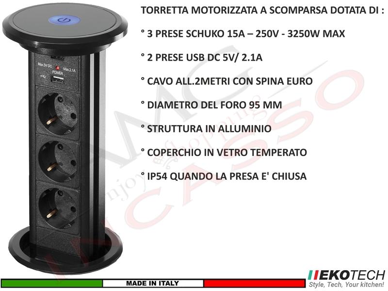 T2_3x2D - Torretta elettrica multipresa a scomparsa filo piano a 3 prese +  2 prese dati + 1 presa USB 5V con luce LED blu - Torrette Elettriche