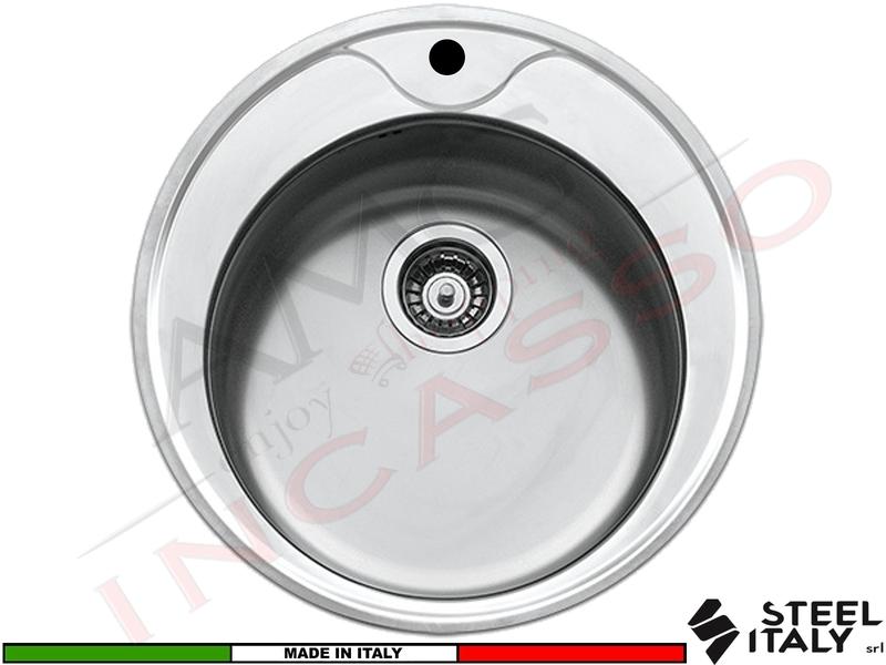 Lavello Cucina PI5103 1 Vasca Incasso Tondo Ø 51 Acciaio Inox Prelucido Piletta 3 pollici