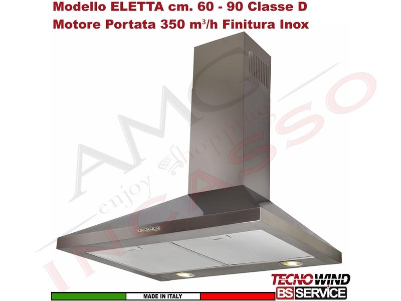 Cappa Parete Camino Moderna 90 Tecnowind ELETTA K217R0218 Inox Motore 350 m³/h