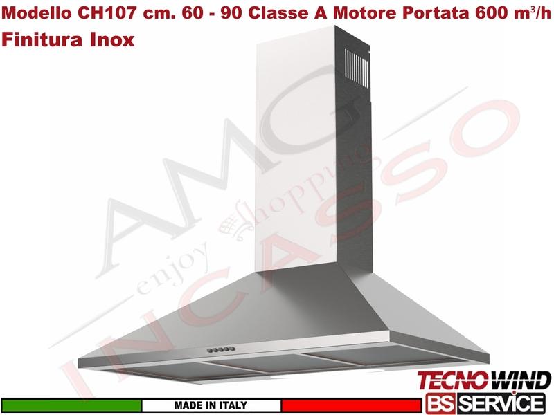 Cappa Parete Camino Moderna 60 Tecnowind CH107 K339I0007 Inox Motore 720 m³/h