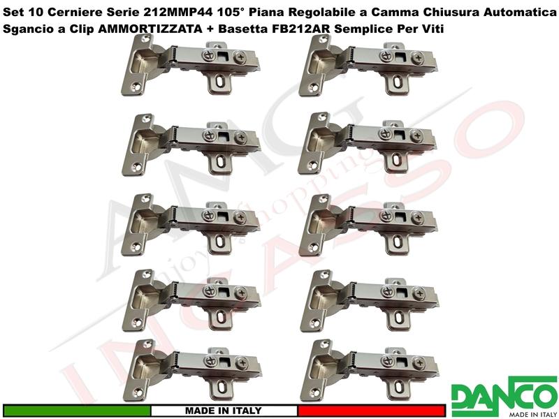 Kit 10 Cerniera Danco 212 Clip + Ammortizzata 105° Piana + Basetta 212 Semplice