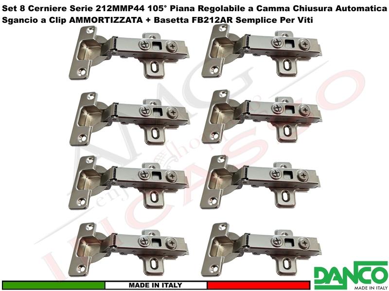 Kit 8 Cerniera Danco 212 Ammortizzata+ Clip 105° Piana + Basetta 212 Semplice