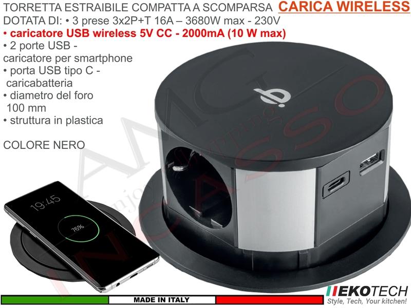 Torretta Multipresa Estraibile a Scomparsa 3 Prese 2 USB Ricarica Wireless Nera