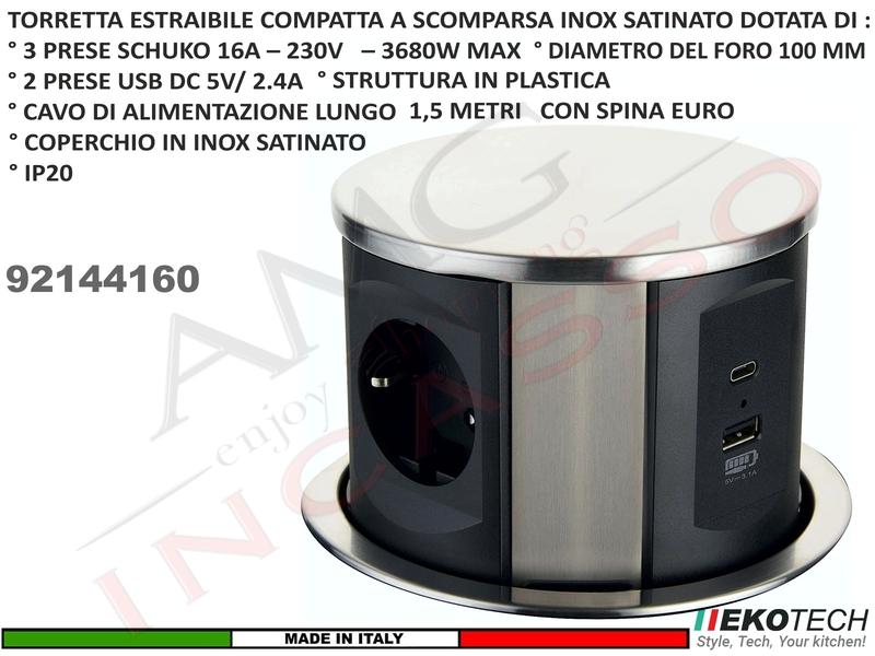 Torretta Multipresa Estraibile a Scomparsa con 3 Prese e 2 USB Compatta Grigia