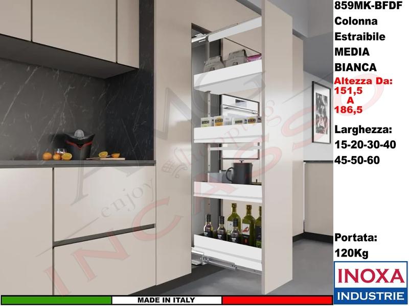 Colonna Dispensa Largh.15 859MK/15 H.da 151,5 a 186,5 Bianco e 4 Cesti Bianchi