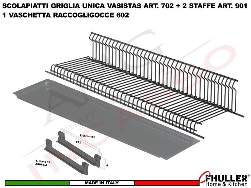 Scolapiatti VASISTAS Griglia Unica ARDESIA 702 Pensile 75 Interno 70,5 + 2 Staffe + Vaschetta