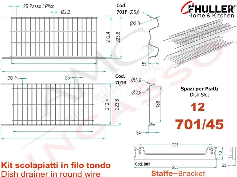 Scolapiatti INOXA-FHULLER Grigio Incasso Pensile 45 Interno 40,6 + Staffe + Vaschetta