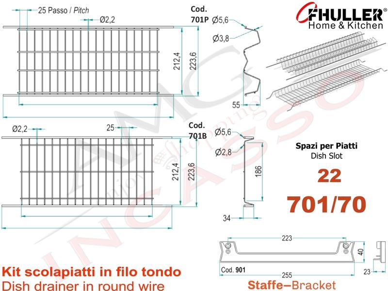 Scolapiatti INOXA-FHULLER Grigio Incasso Pensile 70 Interno 65,5 + Staffe + Vaschetta