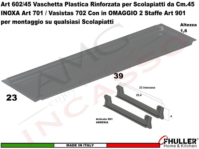 Vaschetta Raccogligocce ARDESIA INOXA 602/45AR Per Scolapiatti da 45 + 2 Staffe