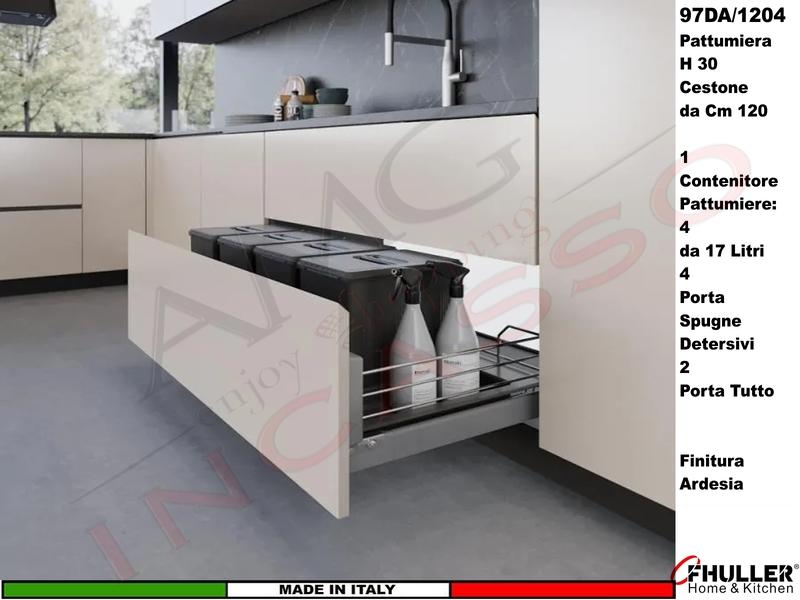 Set 4 Pattumiera Incasso Inoxa 97DA/1204 H 30 X Differenziata Rifiuti X Base 120