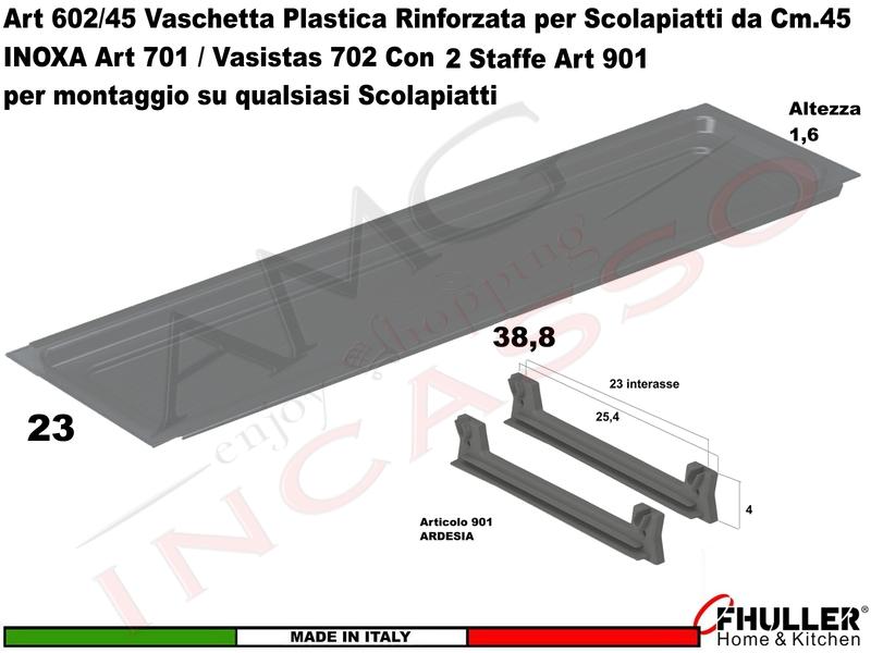 Vaschetta Raccogligocce ARDESIA INOXA 602/45AR Per Scolapiatti da 45 + 2 Staffe