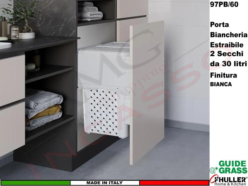 Carello FHULLER 2 Cesti Portabiancheria da 30 Lt Estraibile 97PB/60B Guide GRASS Base 60