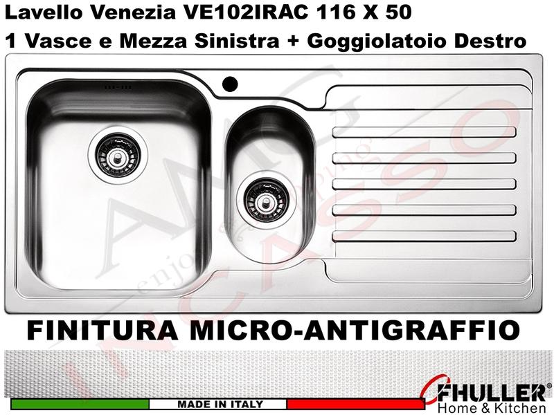 Lavello APELL-FHULLER Venezia Acciaio Antigraffio 100 X 50 1 Vasca e ½ SX e Gocc. DX