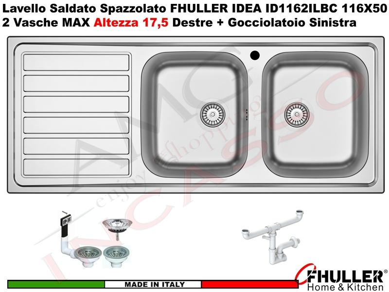 Lavello FHULLER Mod.IDEA Acciaio Spazzolato 116 X 50 2 Vasche H 18 DX e Gocc. SX