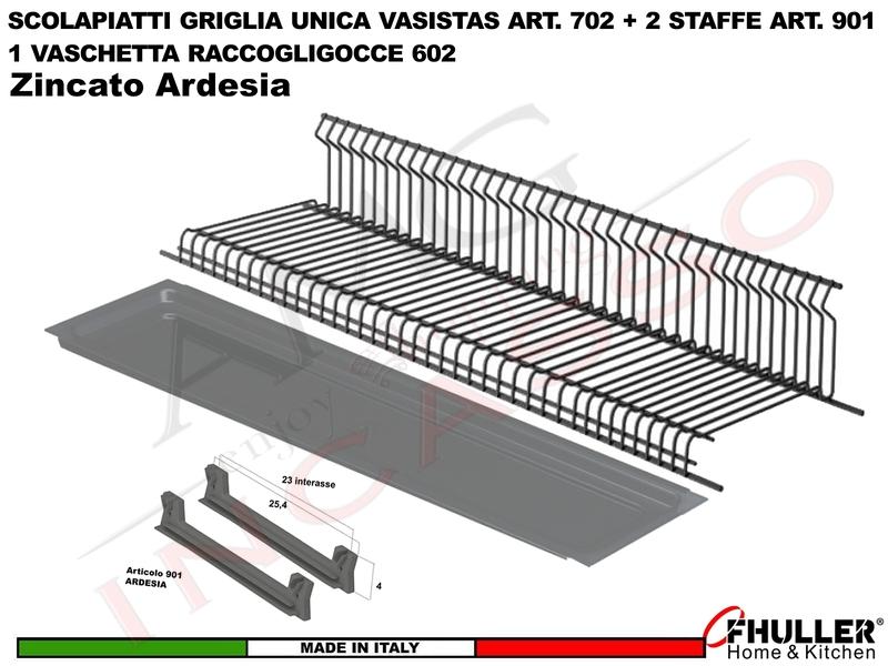 Scolapiatti VASISTAS Griglia Unica ARDESIA 702 Pensile 90 Interno 85,6 + 2 Staffe + Vaschetta