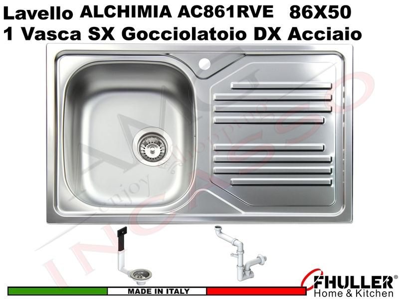 Lavello Incasso FHULLER ALCHIMIA Acciaio Stampato 86X50 1 Vasca SX Gocciolatoio DX