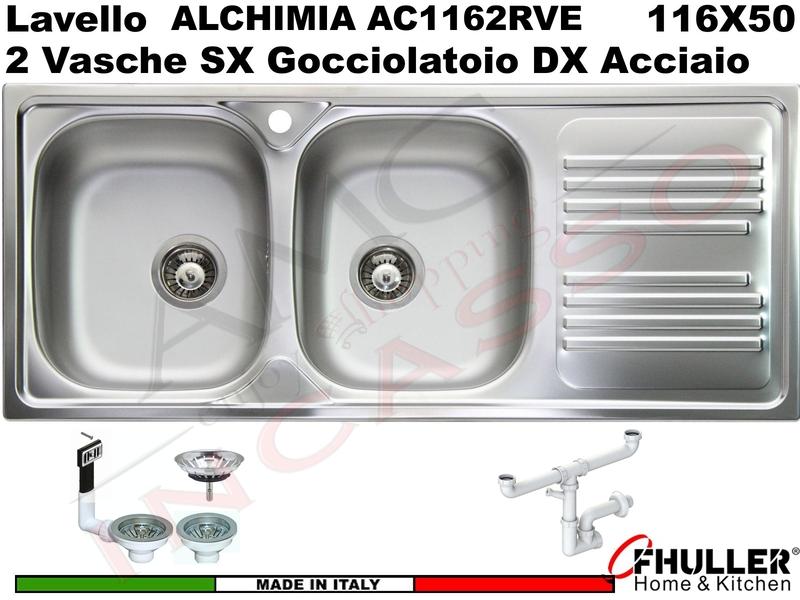 Lavello Incasso FHULLER ALCHIMIA Acciaio Stampato 116X50 2 Vasche SX + Gocciolatoio DX