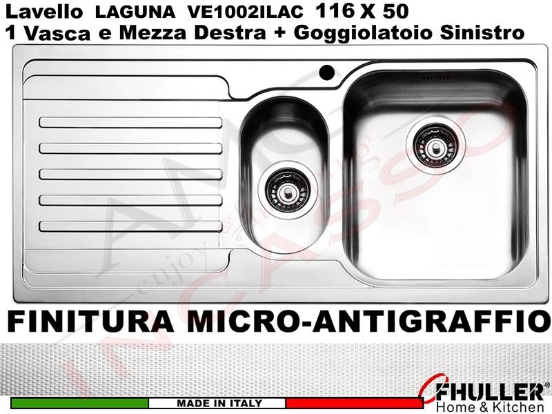 Lavello Incasso FHULLER Mod.LAGUNA Acciaio Antigraffio 100 X 50 1 Vasca e ½ DX e Gocc. SX