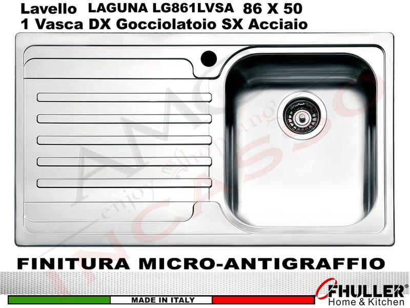Lavello Incasso FHULLER Mod.LAGUNA Acciaio Antigraffio 86 X 50 1 Vasca DX e Gocc. SX