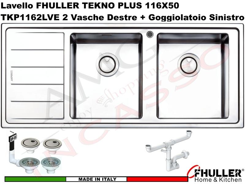 Lavello Incasso FHULLER Tekno Plus Acciaio Sp 10/10 116X50 2 Vasche H 21,5 DX e Gocc. Sinistra