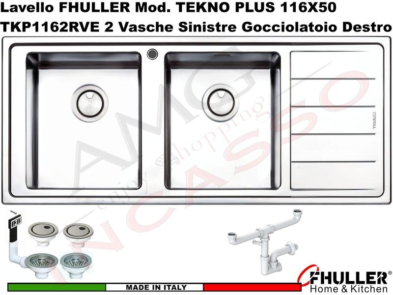 Lavello Incasso FHULLER Tekno Plus Acciaio Sp 10/10 116X50 2 Vasche H 21,5 Sinistra e Gocc. DX