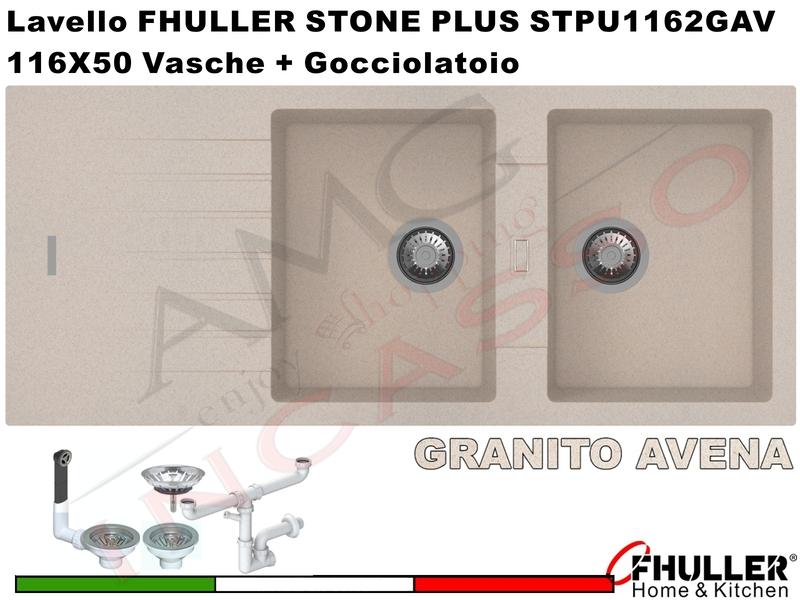 FHULLER Lavello incasso Cucina GRANITO STONE PLUS 116X50 2 Vasche + Gocciolatoio AVENA