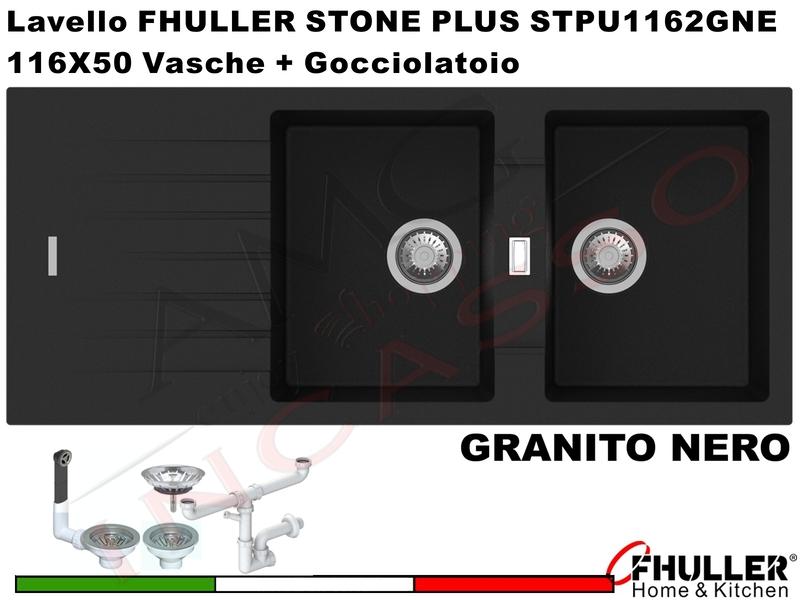 FHULLER Lavello incasso Cucina GRANITO STONE PLUS 116X50 2 Vasche + Gocciolatoio NERO